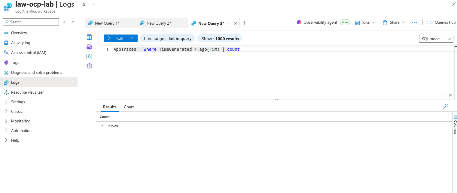 Azure Log Analytics workspace showing the AppTraces table
