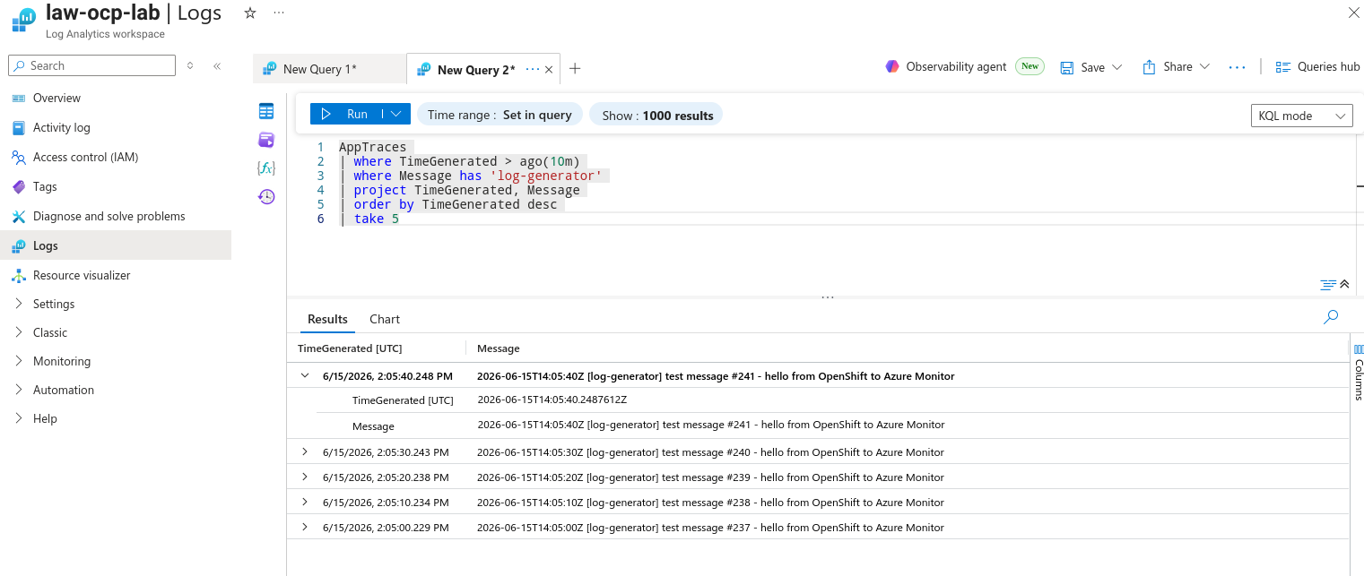 Azure Log Analytics query filtering the log-generator test messages