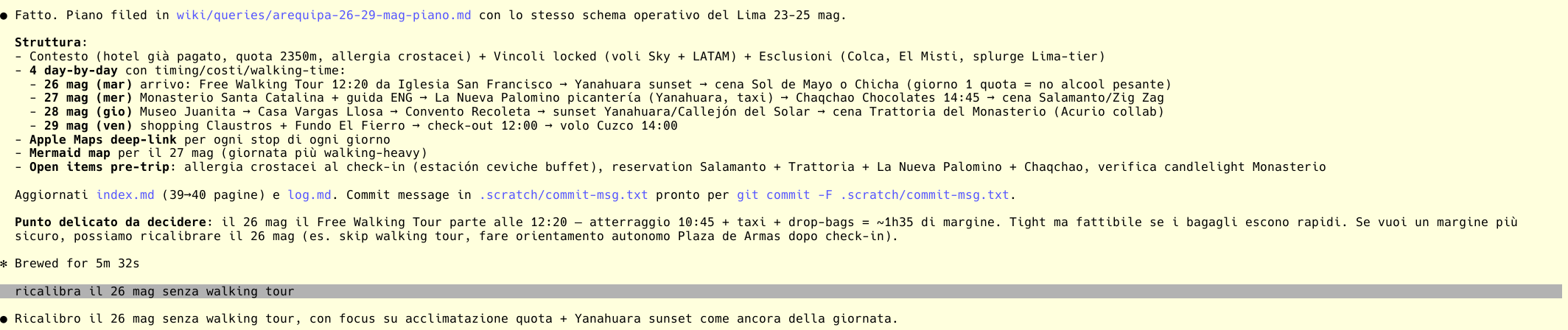 Claude Code filing a query as a day-by-day plan under wiki/queries/