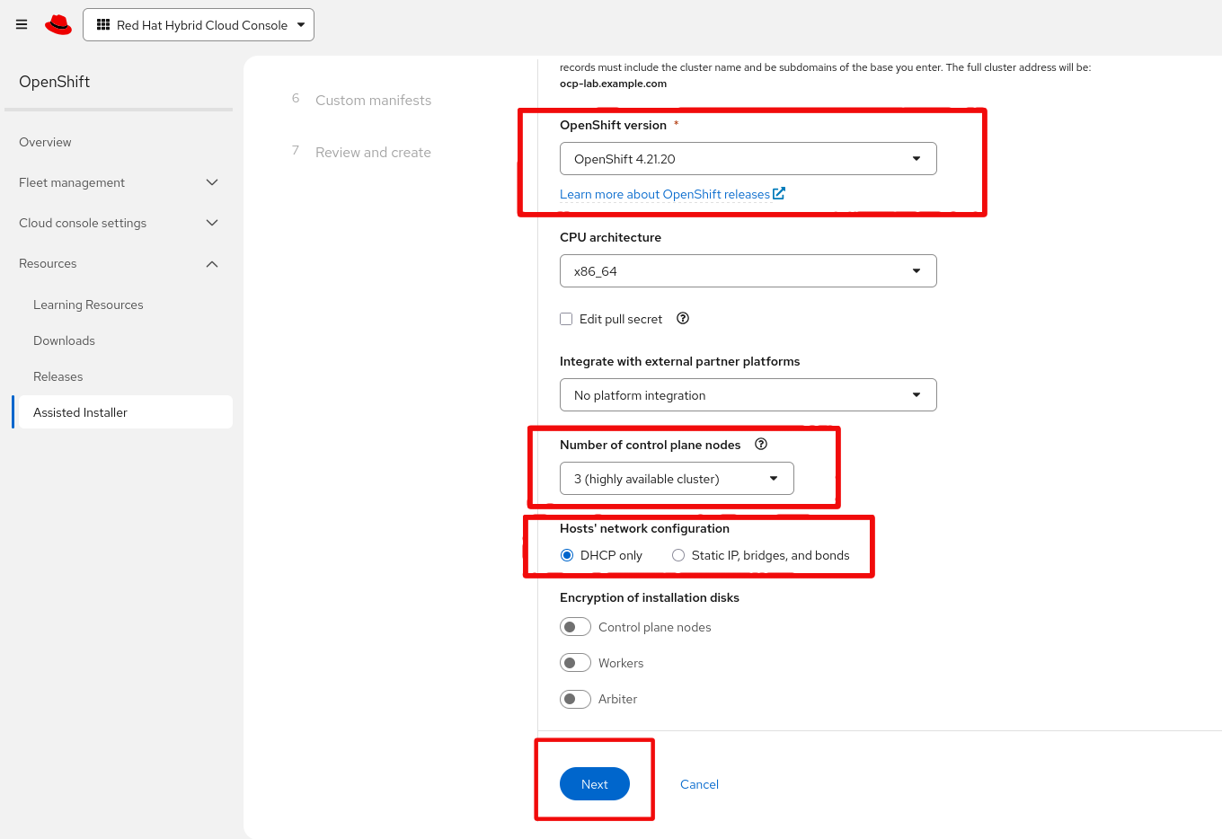Cluster details - control planes and network