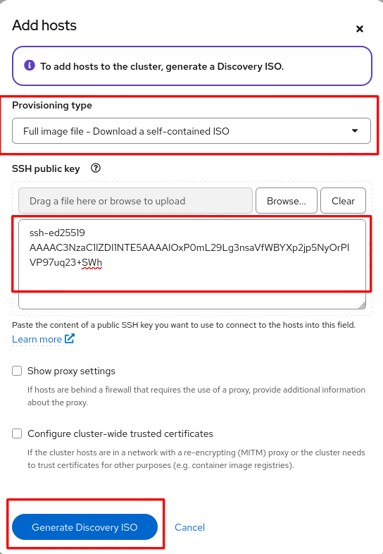 Add hosts - generate the discovery ISO